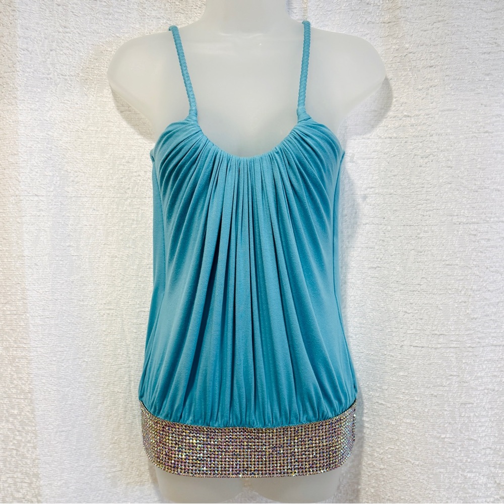 STUNNING Vintage SKY Top L Light Sky Blue Bling Rhinestone Band Trim RHOC ASOS